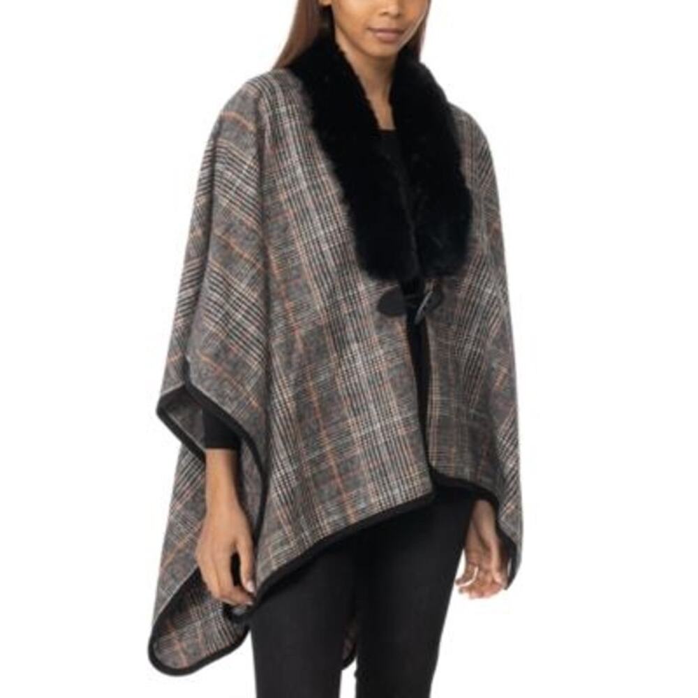 Charter Club NWT Tartan Plaid Toggle Poncho Faux Fur Collar Shawl Cape OSFM